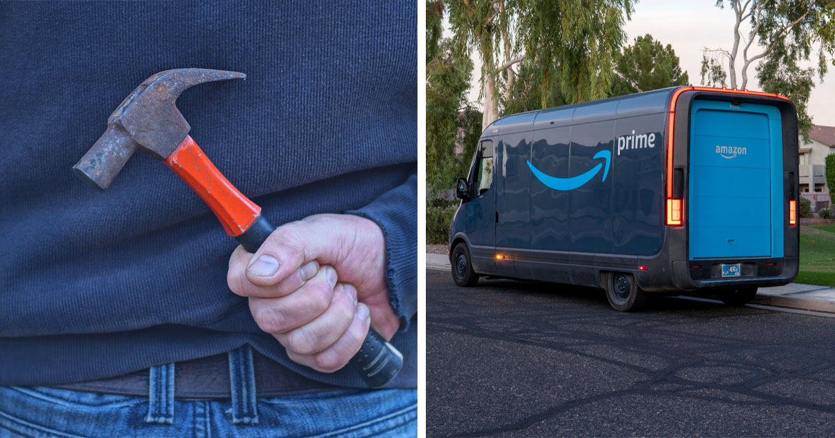 Hero Amazon driver rescues woman from husband who was allegedly trying to kill her with a hammer.